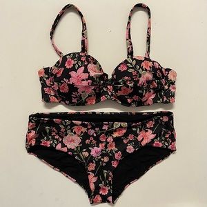 H&M Pink Flower Print Black Swimwear Set